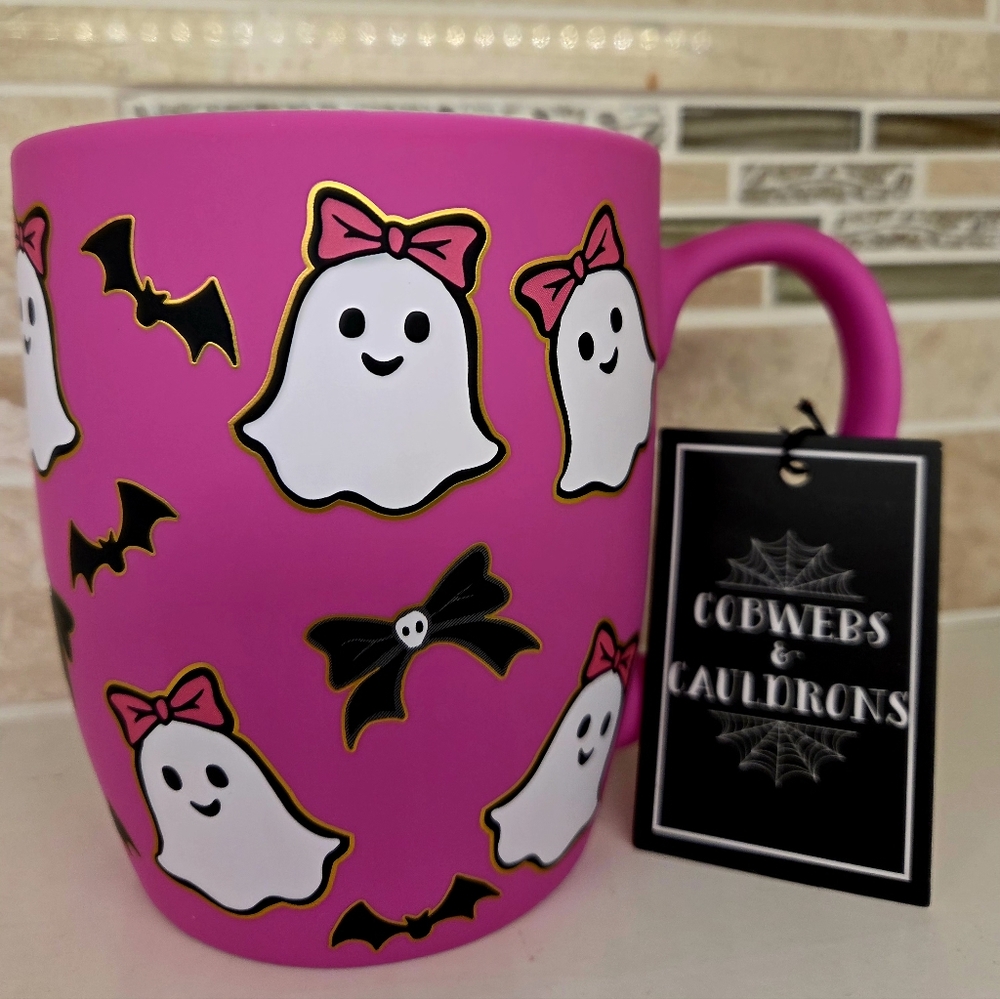 *NEW* Pink Bow White Ghost Bat And Bows Mug 2025 By Cobwebs & Cauldrons
